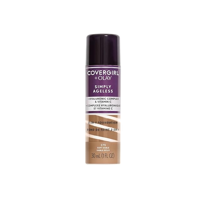CoverGirl & Olay Simply Ageless 3-in-1 Liquid Foundation, Matte Finish, Hyaluronic & Vitamin C Formula, Soft Sable, 1 Count