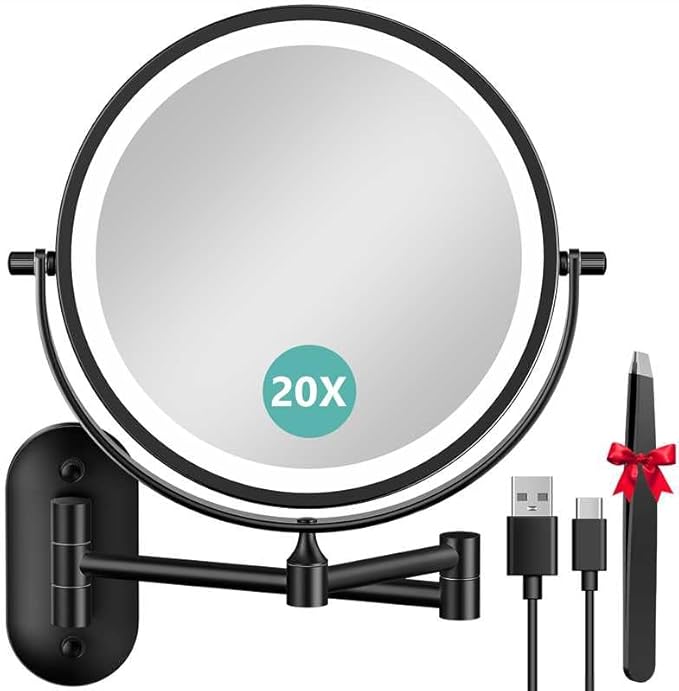 Auxmir 8'' Wall Mounted Lighted Makeup Mirror, 3200mAh Rechargeable Double-Sided 1X/20X Magnifying Mirror with Light, Touch Dimmable 3 Color Light, 360° Rotation Foldable Extended Arm, Black