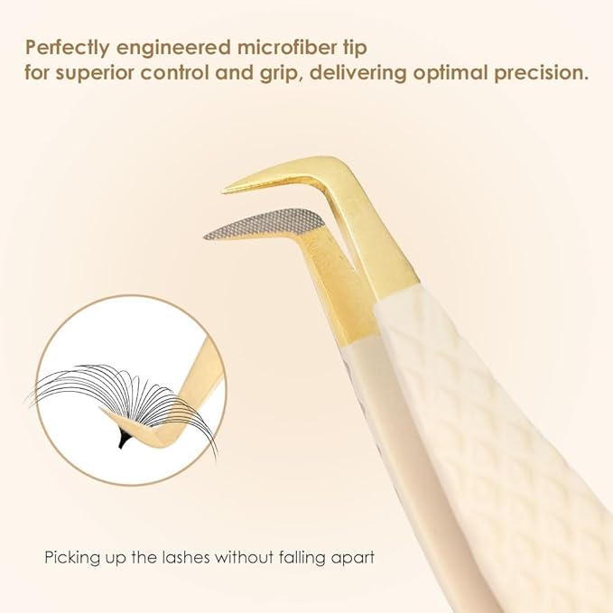 Beige Fiber Tip Lash Tweezers for Eyelash Extensions – F Shape for Isolation, Professional Precision Tweezers for Lash Technicians