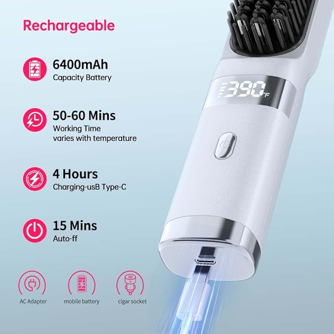 Cordless Hair Straightener Brush Portable on The go Comb for Travel USB chargingTwo Power sources30s Fast HeatingLCD Large Screen Display (White)