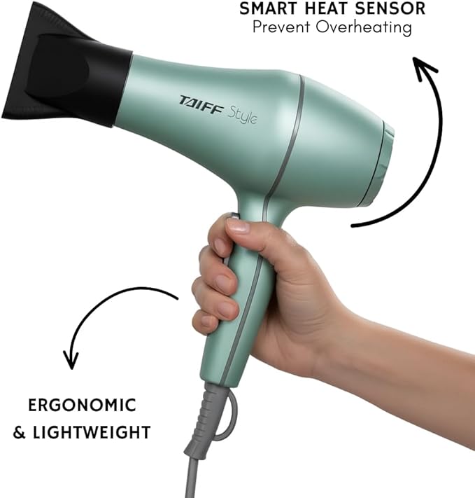 Taiff Style IonSense Professional Hair Dryer | 1875W Ionic Ceramic Blow Dryer with Diffuser | Lightweight Travel Friendly | Dual Voltage - Fast Drying | Green