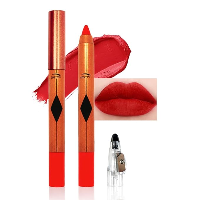 Orange Red Matte Lipstick Pencil for Women Lip Liner and Lip Stain, Long Lasting Waterproof labiales mate 24 horas, originales pintalabios permanente 24 horas with Sharpener Easy to Apply Shade 507