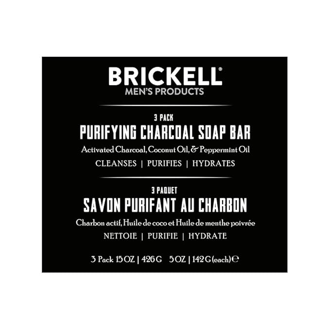 Brickell Men's Purifying Charcoal Soap Bar for Men (3 Pack), Natural and Organic, Exfoliating Bar Soap Handmade with Activated Charcoal and Peppermint Scented, 5 Ounce Bar (3 Pack)