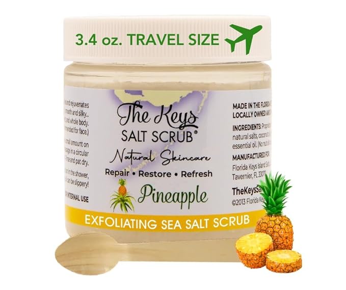 The Keys Salt Scrub -Sea Salt Scrub - Exfoliating Body Scrub with Wooden Spoon - Moisturizing Exfoliator for Hands, Foot, Bath, (Pineapple) (3.4 Fl Oz (Pack of 1), Pineapple)