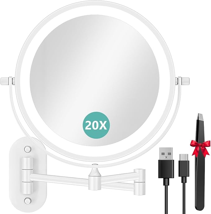 Auxmir 1X/20X Wall Mounted Makeup Mirror with Light, 8" Rechargeable Double-Sided Magnifying Mirror, Vanity Mirror Dimmable 3 Color Light, 360° Extension Rotation Foldable 14.5 Inch Arm for Bathroom