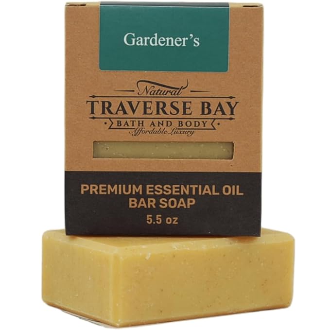 Traverse Bay Bath and Body- All natural handmade cold process bar soap,Gardeners Soap, with cornmeal and lavender, rosemary, tea tree essential oils. 3 bar pack 15 + oz. Made in the USA
