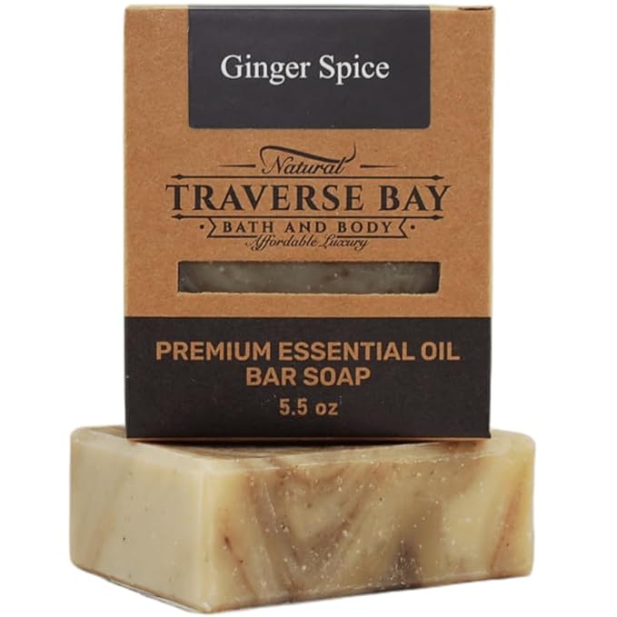 Traverse Bay Bath and Body Natural Cold Process Soap Spice & Wood 4-Bar Variety Pack, Ginger Spice, Sandalwood, Northern Forest, Frankincense & Myrrh, 5.5 oz Each, 22+ oz Total