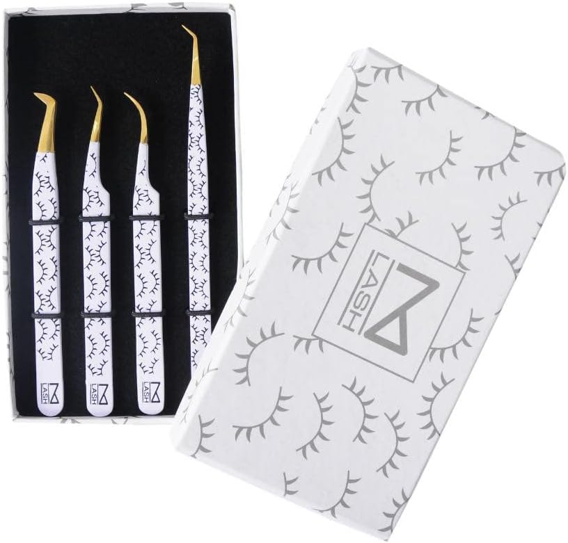 M LASH Tweezers for Eyelash Extensions (Set of 4) - Professional Lash Extension Tweezers - Fiber Tip, Japanese Steel, Diamond Grip Eyelash Extension Tweezer (WB-SET)