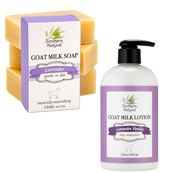 Lavender Goat Milk Soap Bar 3 Pack and Lavender Vanilla Goat Milk Lotion – Gentle Face and Body Care for Dry Skin, Ideal for Men, Women & Kids