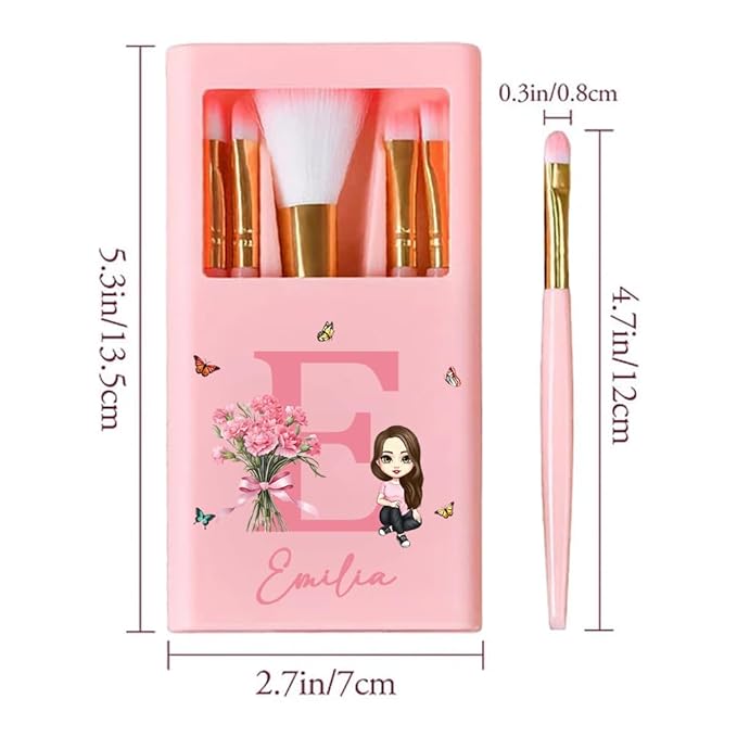 callie Personalized Makeup Brushes Sets for Women, Custom Birth Flower Bouquet Cartoon Character 5 Pcs Makeup Brushes Box Set with Name Initial and Mirror Birthday Gift for Women Girl