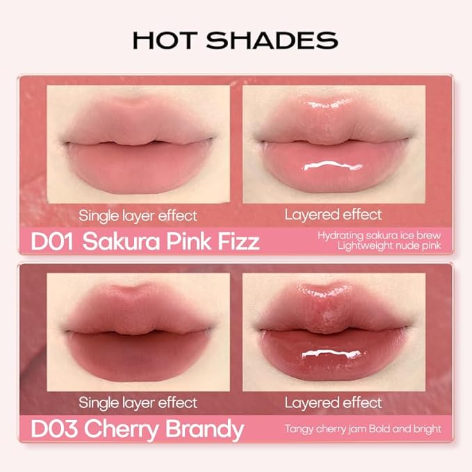 Mistine Lip Gloss Double Headed Lip Glaze Color Holding Lip Jelly Hydrating Gloss Moisturizing Balms Sheer Tint, Shine Glowy Matte Finish 0.05fl oz+0.05 fl oz D03 CHERRY BRANDY