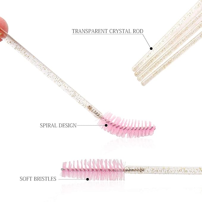 300 Pack Glitter Mascara Wands Disposable Eye Lash Brushes Spoolies Brush Makeup Applicator Eyelash Extension Tool Kit, Crystal Gold Handle Pink Brush Head