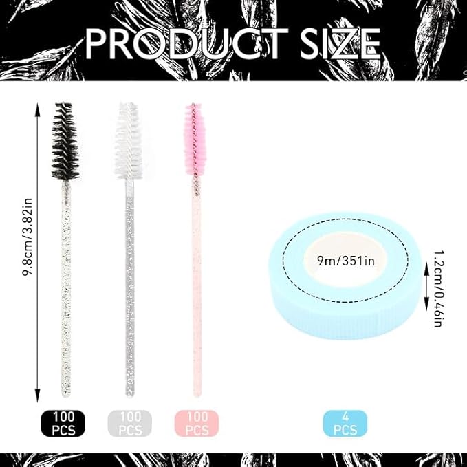 300 PCS Disposable Mascara Wands, Blue Lash Tapes, Lash Spoolies For Eye Lash Extension, Eyebrow Comb, Lash Applicator Tool, Pink & Black & White Mascara Brush