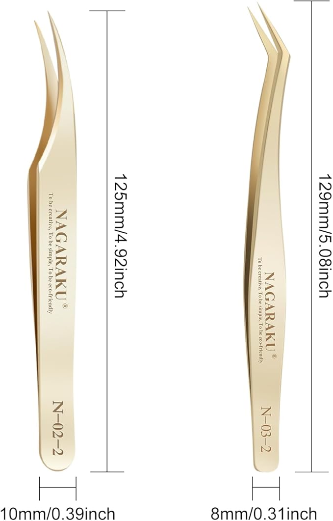 NAGARAKU Eyelash Extension Tweezers Gold Straight Curved Angled Long tip Volume Cluster Light Weight Easy Fanning Tweezer Stainless Steel Precision 1 Pair Lash Applicator Tool (N-02-2 & N-03-2)