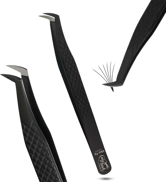 Fiber Tip Mega Boot Volume Lash Tweezer – Professional Eyelash Extension Tool, Diamond Grip, Non Slip, Stainless Steel Tweezers for Volume Fans, Classic, and Mega Volume Lash Applications (Black)