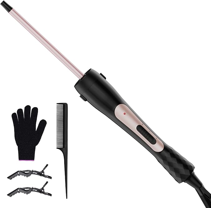 3/8 Inch Small Curling Iron, 9mm Tiny Curling Wand for Short & Long Hair, Ceramic Small Barrel Curling Iron with Adjustable Temperature, Fast Heating Hair Curler with Heat Resistant Glove & 2 Clips