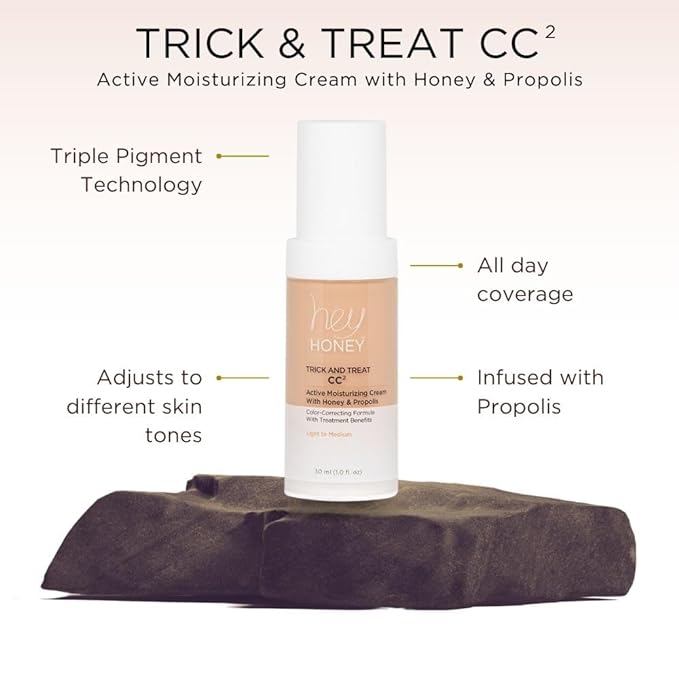 Hey Honey Trick and Treat CC Cream SPF 46 | Active Moisturizing Color Correcting Cream with Honey & Propolis | Best Cover For Rosacea, Skin Redness & Mature Skin | Cruelty-Free | 1 oz (Deep)