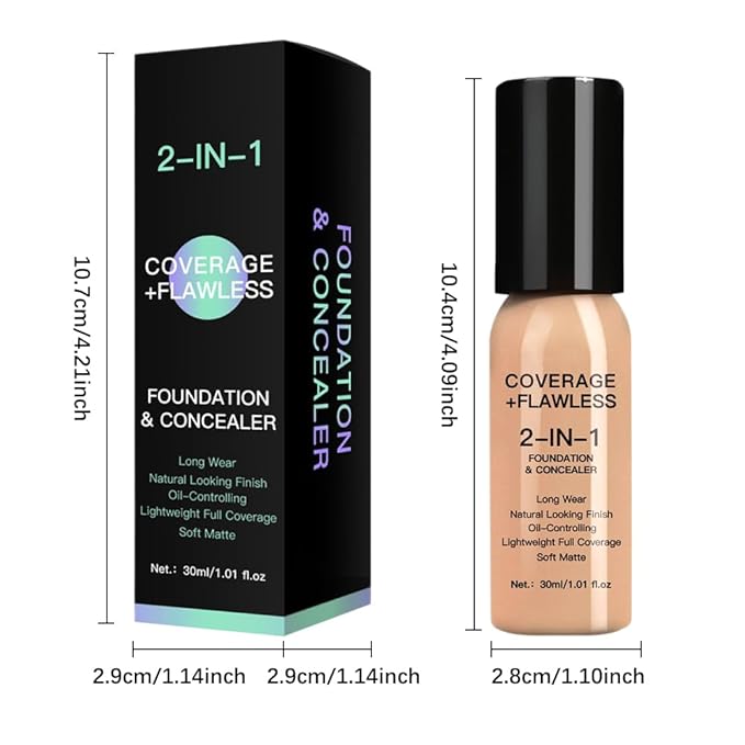 2 in 1 Foundation Concealer, Lightweight Creamy Long Lasting Face Makeup for Combination Oily Skin, Conceals Dark Circles Under Eyes Dark Spots and Blemishes, Vegan Cruelty-Free, Warm Tan