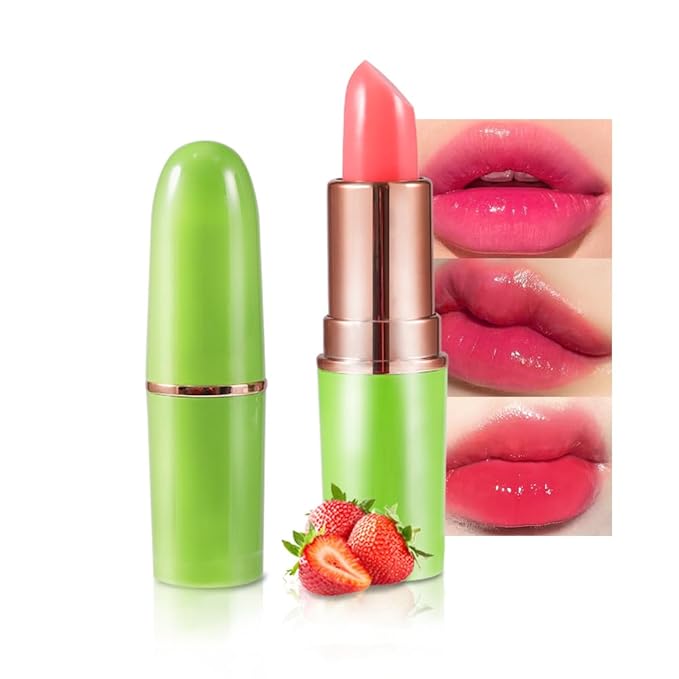 BINGBRUSH Aloe vera Color Changing Lipstick,Moisturizer Long Lasting Lip Care Magic Lip Gloss,Makeup Lipstick Set (1pc 02#Strawberry, A-1pc)