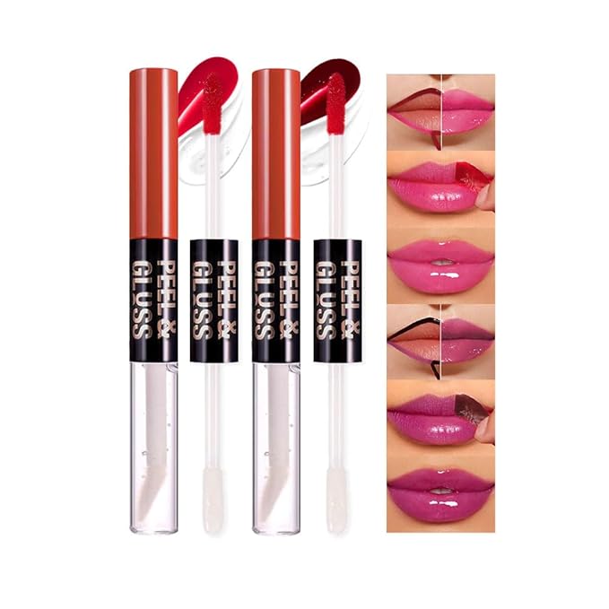 2Pcs Peel Off Lip Gloss Tattoo and Lip Oil 2-in-1, Lip Stain Peel Off Masque - Peel Off Lip Tint ,Long Lasting Waterproof Transfer-proof Lip Mask Lip Gloss Peel Off Lip Liner,Stay Lip Makeup 03#+05#