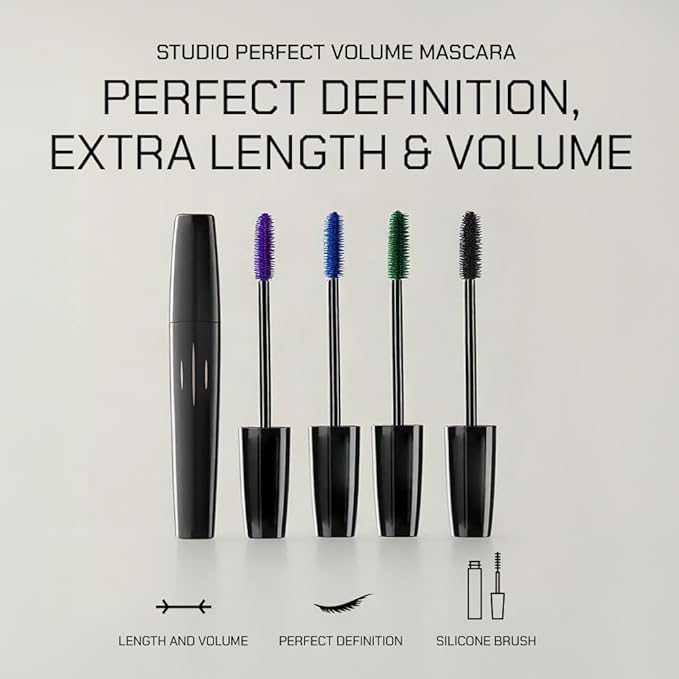 Radiant Professional Studio Perfect Mascara Volume and Length – Smudge-Proof, Cruelty Free, Lengthening Mascara with Silicone Brush & Natural Wax – Black (01), 0.30 oz