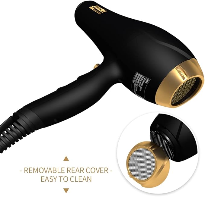 JINRI Hair Dryer, 2000W, 3 Heat & 2 Speed, Detachable Air Intake, with Diffuser, with Concentrator, Hanging Strap, Non-Foldable, Black