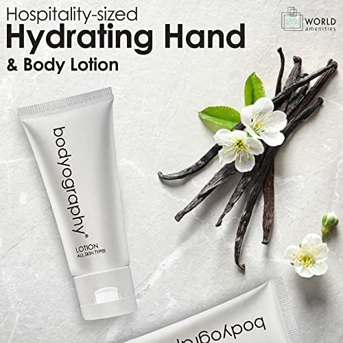 Bodyography blanc- Hand and Body Lotion | 1.4oz | Vanilla White Tea, Mini Travel Size Toiletries (100% Recyclable Tube with Flip Top Cap) Hotel Amenities, Suitable for All Skin Types