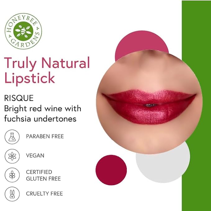 Honeybee Gardens Truly Natural Long Lasting Lipstick, Risque, Medium to Deep Red Wine, Naturally Hydrating & Nourishing, Vegan, Gluten-Free & Cruelty-Free, 0.11 oz / 3 g