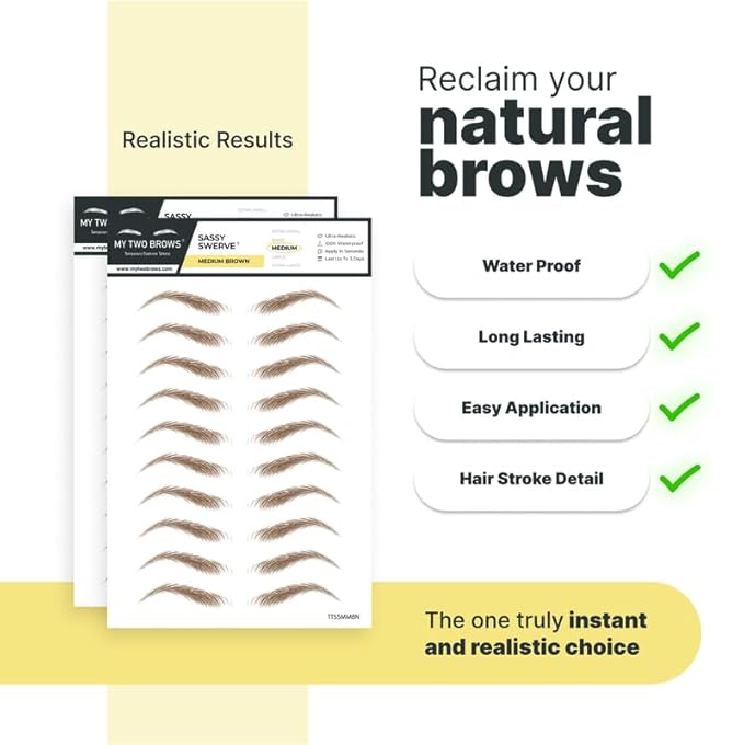 20 Pairs Medium Brown Temporary Eyebrow Tattoos, Waterproof and Smudge-Proof Medium Sassy Swerve Style Realistic Eyebrow Stickers for Women, Easy to Apply, Won't Work on Existing Brows