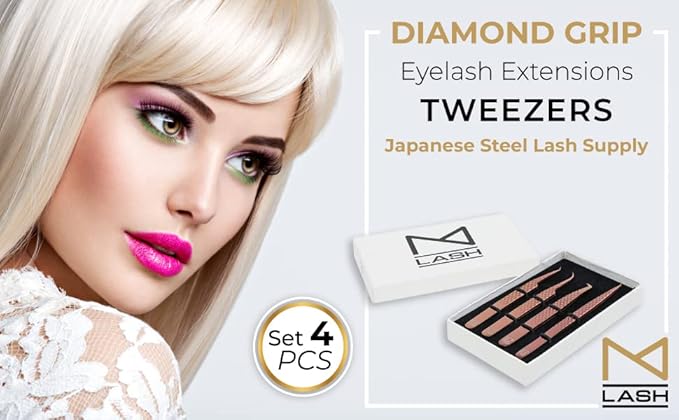M LASH Tweezers for Eyelash Extensions (Set of 4) - Professional Lash Extension Tweezers - Fiber Tip, Japanese Steel, Diamond Grip Eyelash Extension Tweezer (Gold)