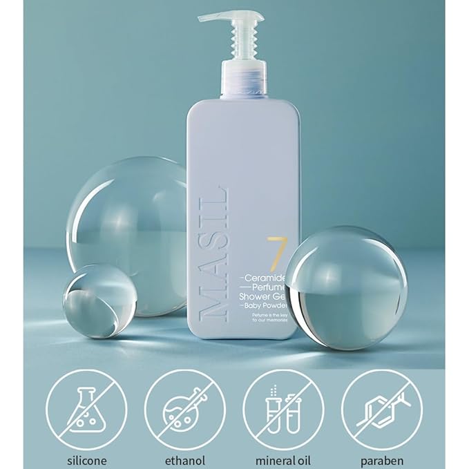 MASIL 7 Ceramide Perfume Shower Gel for Sensitive Skin, Korean Skin Care Moisturizing Body Wash for Women, Aroma Liquid Soap with Centella Asiatica and Licorice Root (Baby Powder, 16.9 fl oz)