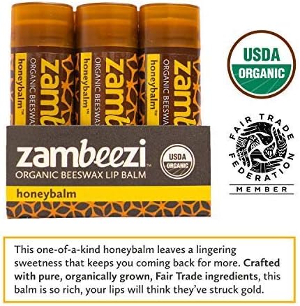 Organic, Fair Trade Beeswax Lip Balm - Honeybalm 3 Pack - Ethically Sourced - Honey Flavor