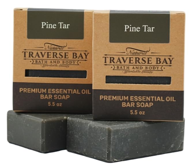 Traverse Bay Bath and Body Pine Tar Natural Soap, Essential Oil, Smokey Pine Orange Peppermint Scent, for Dry Skin and Psoriasis, 2 Bars, 11+ oz