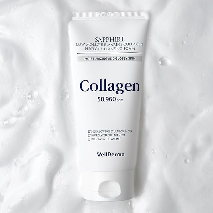 WELLDERMA Sapphire Collagen Cleansing Foam, 150mL – Gentle Facial Cleanser with Hydrolyzed Collagen & Glycerin, Moisturizing Creamy Lather