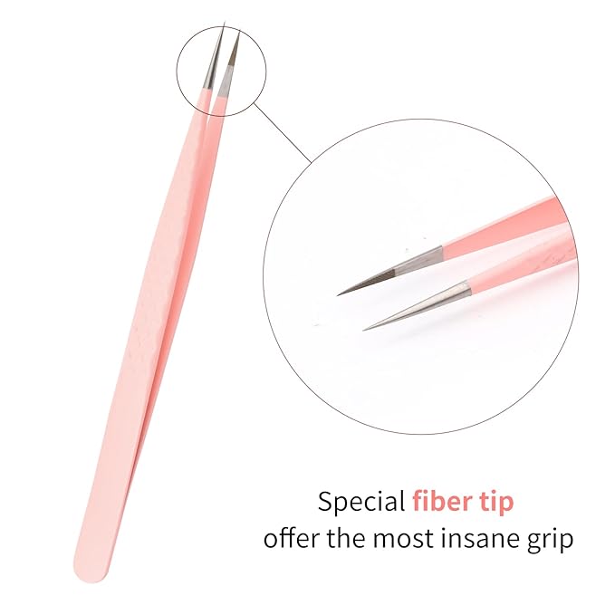 FADLASH Precision Lash Tweezers - Straight Fiber Tip Eyelash Extension Tweezers - Professional Artist Tech Work Kit - Pink