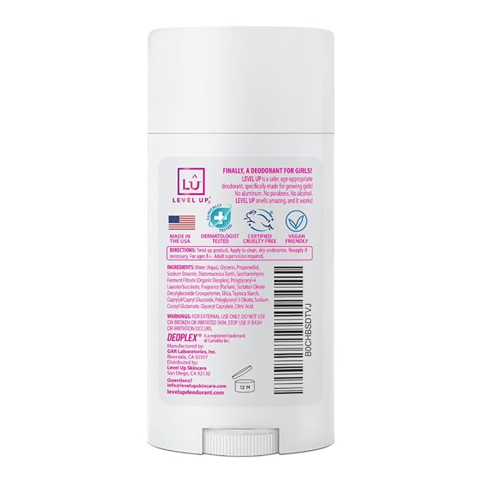 Level Up Girls Deodorant: Aluminum-Free, Alcohol-Free, Paraben-Free, 24 Hr Odor Protection, Clean Fresh Scent, Kids & Tweens, Made in the USA