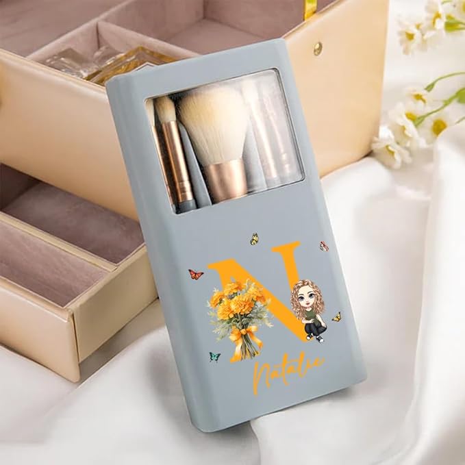 callie Personalized Makeup Brushes Sets for Women, Custom Birth Flower Bouquet Cartoon Character 5 Pcs Makeup Brushes Box Set with Name Initial and Mirror Birthday Gift for Women Girl
