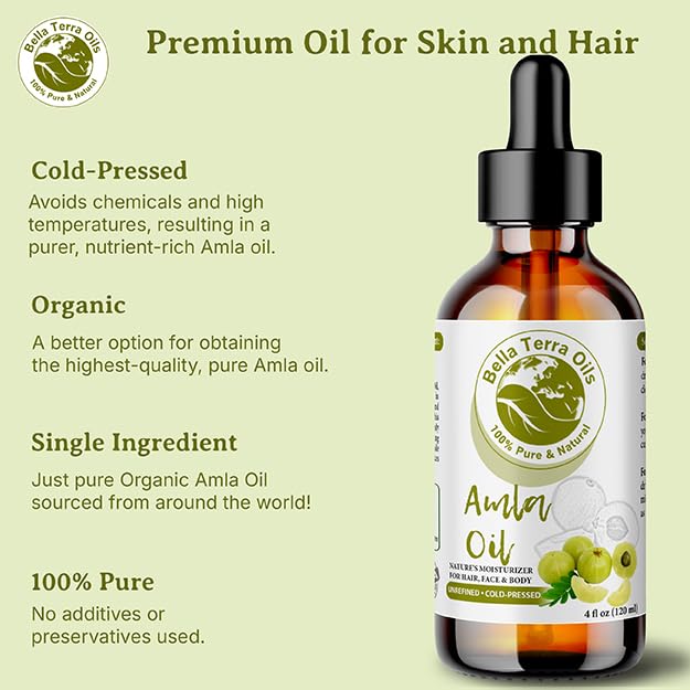 Bella Terra Oils - Organic Amla Oil 4 oz - Dive into Organic Amla's Nutritional Excellence, High in Vitamin C & E, Promotes Supple & Radiant Skin