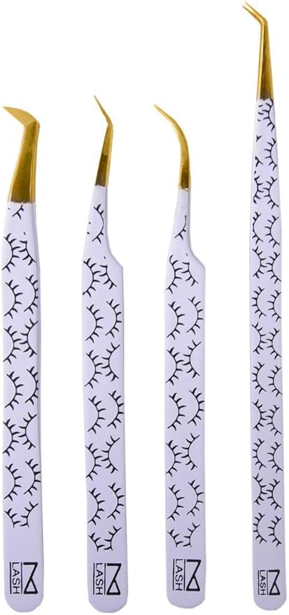 M LASH Tweezers for Eyelash Extensions (Set of 4) - Professional Lash Extension Tweezers - Fiber Tip, Japanese Steel, Diamond Grip Eyelash Extension Tweezer (WB-SET)