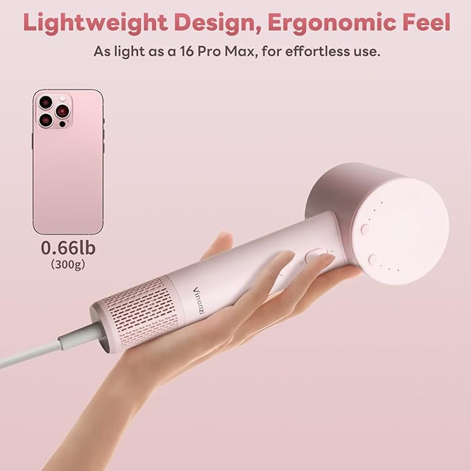 Hair Dryer, High-Speed Ionic Low Noise Blow Dryer with Brushless Motor for Fast Drying, Thermo-Control Quiet Compact Pink Hair Blow Dryers with Magnetic Diffuser for Curly Hair for Home Travel Salon
