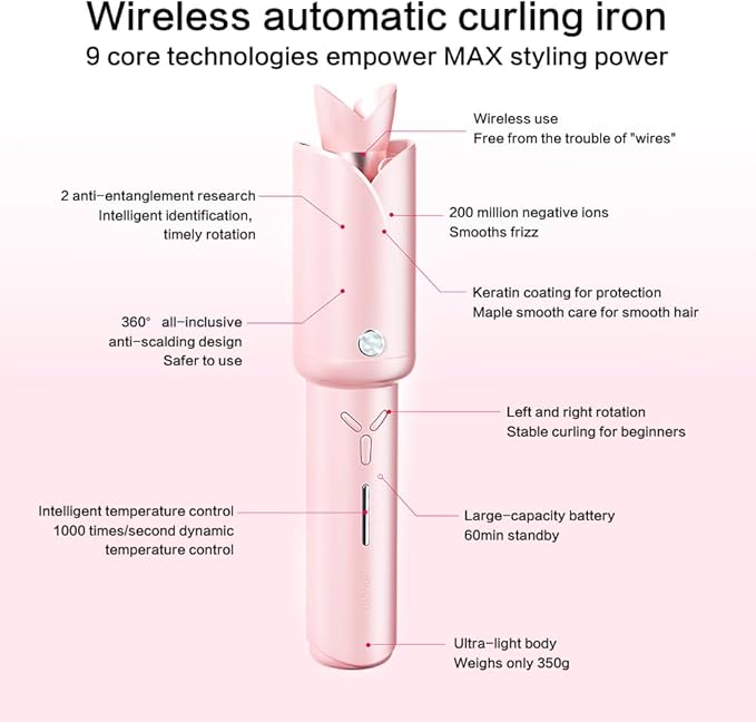 Automatic Curling Iron - Cordless Hair Curler, 1 inch Hair Curling Iron for Hair Styling,Intelligent Temperature Control, 360° Full Cover Anti-scalding, Suitable for Home, Travel (Pink)