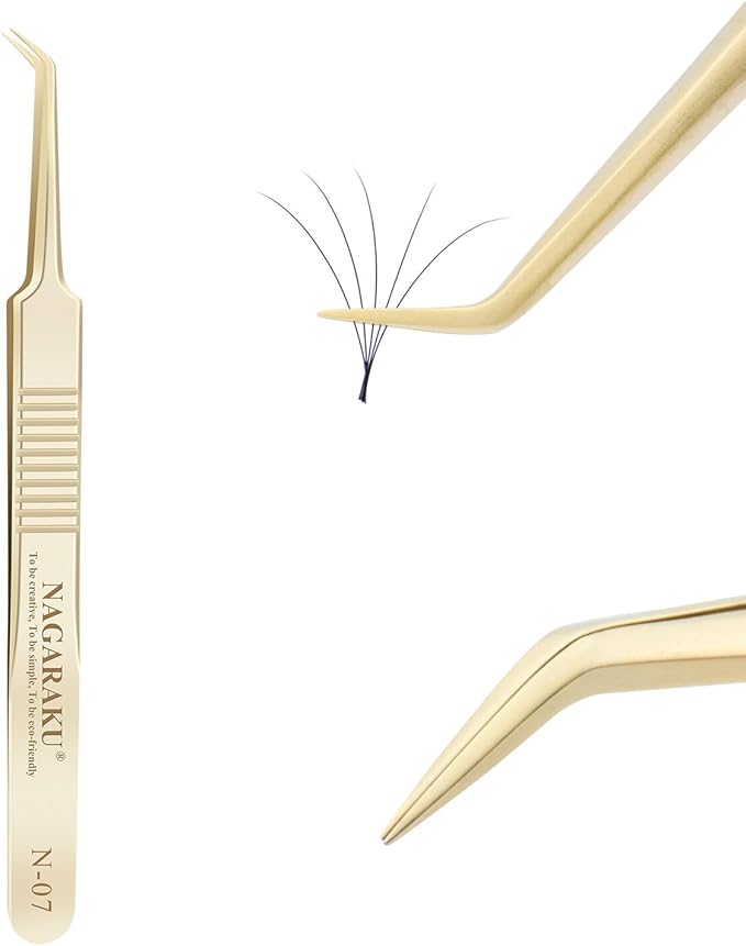 NAGARAKU Tweezers for Eyelash Extensions Gold Curved Angled Volume Cluster Super Light Weight Easy Fanning Tweezers Stainless Steel Precision (N-07)