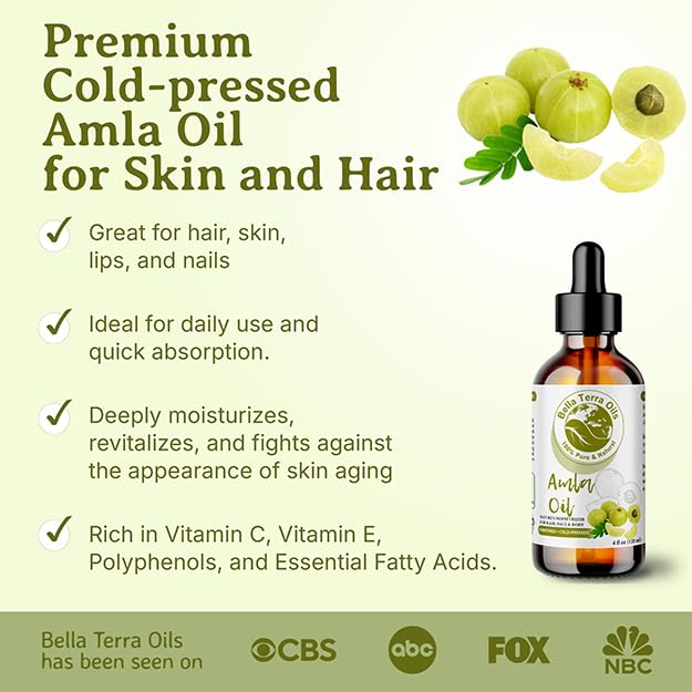 Bella Terra Oils - Organic Amla Oil 8 oz - Harvested from Bitter Organic Amlas, Famed for its Vitamin C&E & Omega-6&9, Cold-Pressed Elixir for Skin