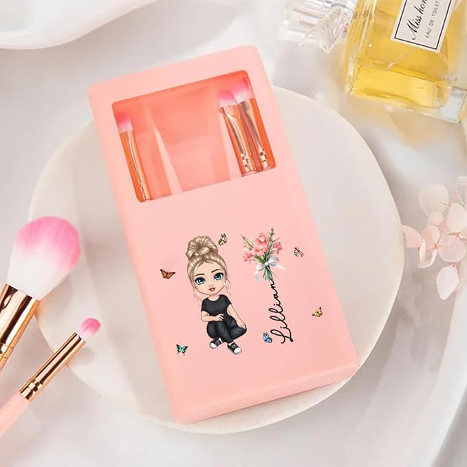 CALLIE Personalized Travel Makeup Brushes Set with Mirror | 5 Pcs | Custom Birth Flower and Name | Birthday Christmas Bridal Shower Gift for Women (Birth Flower Bouquet Name Cartoon)