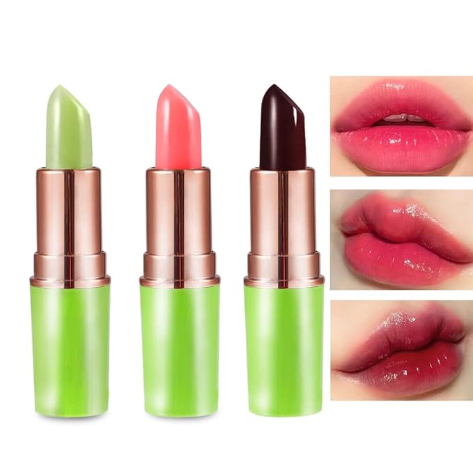 BINGBRUSH Aloe vera Color Changing Lipstick,Moisturizer Long Lasting Lip Care Magic Lip Gloss,Mood Makeup Lipstick Set,24 hours original(3Pcs Aloe+Strawberry+Cherry, 3 Count (Pack of 1))