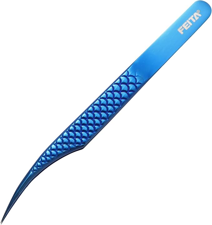 FEITA Diamond Grip Eyelash Extensions Tweezer Lash Precision Tweezers, Japanese Steel Dolphin-shaped Tip, False Lashes Application Tools, Blue 1Pc