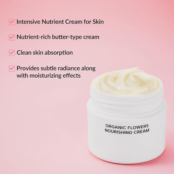 Whamisa Organic Flowers Nourishing Cream, 95.2% Organic, Waterless Formula, Fermented Postbiotic for Deep Hydration & Soothing, Moisturizing, Korean Skin Care (50ml)