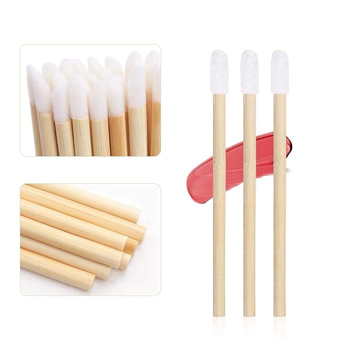 100 Pcs Disposable Lip Brushes Premium Lipstick Applicator Wands Bamboo Handle Makeup Tool Kits (Bamboo handle white)