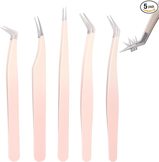 5 Pcs Lash Extension Tweezers, Lash Tweezers for Eyelash Extension, Straight and Curved Eyelash Tweezers, For Professional Eyelash Extension Artists, Girls, Women, Beginners