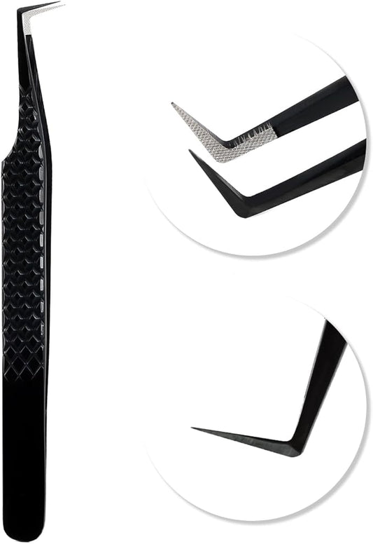 VAVALASH Lash Tweezers for Eyelash Extensions, Fiber Tip Diamond Grip 90 Degree Tweezers for Lash Extension,Professional Precision Black Lash Tweezers for Volume & Classic Lashes (90 Degree Tweezers)